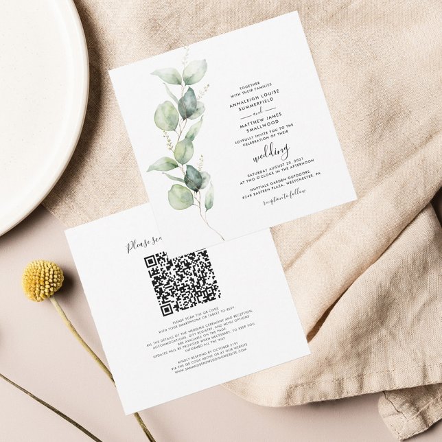 Invitation Eucalyptus QR Code Tout en un Mariage botanique (Eucalyptus Botanical Script QR Code Wedding Invitation)