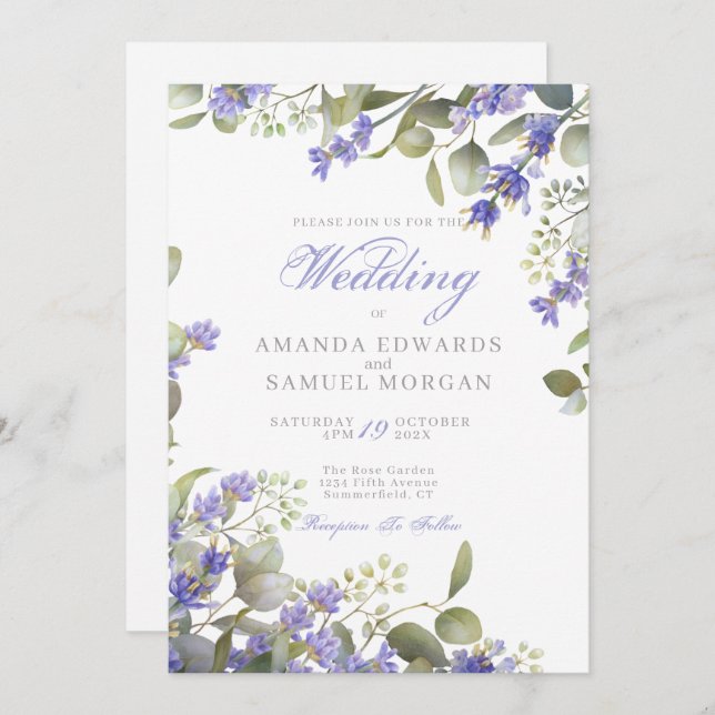 Invitation Eucalyptus romantique et Mariage de lavande (Devant / Derrière)