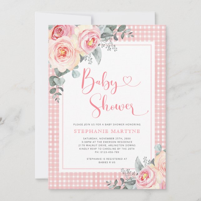 Invitation Eucalyptus rose Floral En vichy Baby shower (Devant)