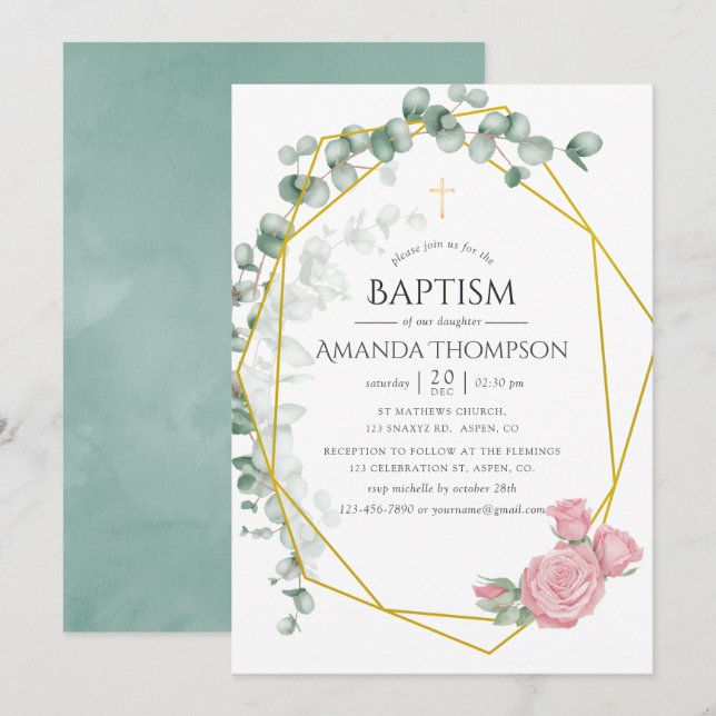 Invitation Eucalyptus Rose Géométrique Baptême ou Christening (Devant / Derrière)
