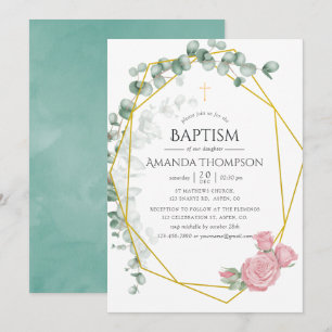 Invitation Eucalyptus Rose Géométrique Baptême ou Christening