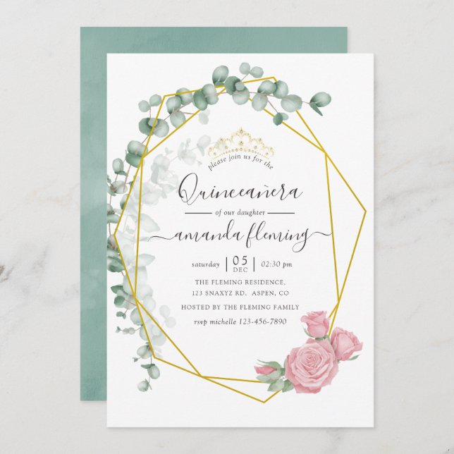 Invitation Eucalyptus Rose géométrique Quinceañera (Devant / Derrière)
