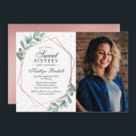 Invitation Eucalyptus Rose Gold Sweet sixteen géométrique Pho<br><div class="desc">Célébrez dans le style avec ces invitations d'anniversaire de sweet sixteen chic et très tendance. Ce design est facile à personnaliser avec votre texte et photo d'événement spécial et vos invités seront ravis quand ils reçoivent ces invitations fabuleux.</div>