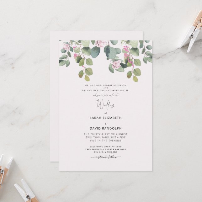 Invitation Eucalyptus & Rose Mariage Les deux parents (Devant/Arrière en situation)