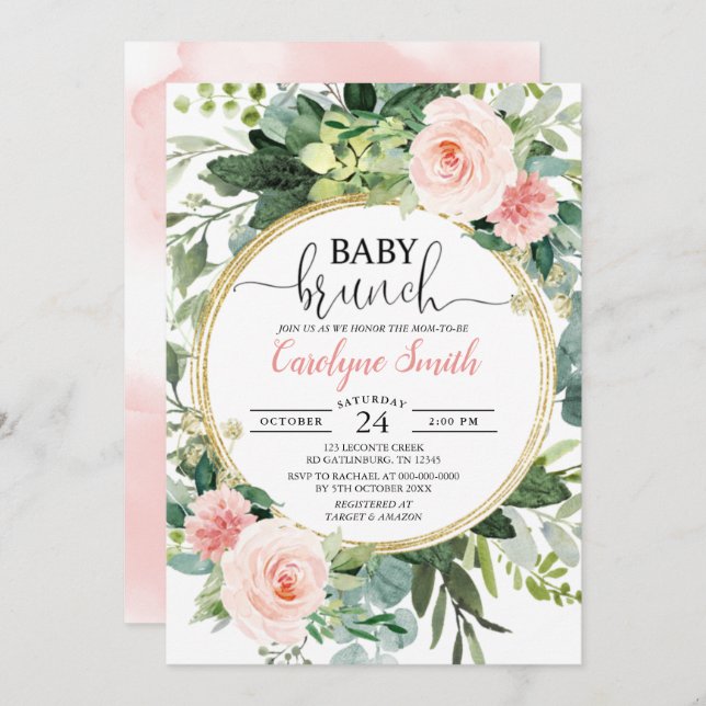 Invitation Eucalyptus rose or Brunch Baby shower fille (Devant / Derrière)