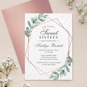 Invitation Eucalyptus Rose or Sweet sixteen géométrique