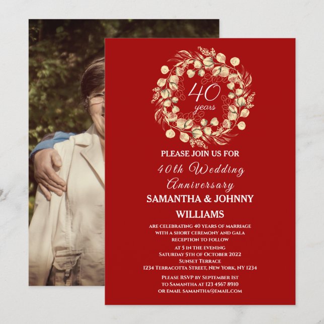Invitation Eucalyptus Ruby 40ème anniversaire de Mariage Phot (Devant / Derrière)