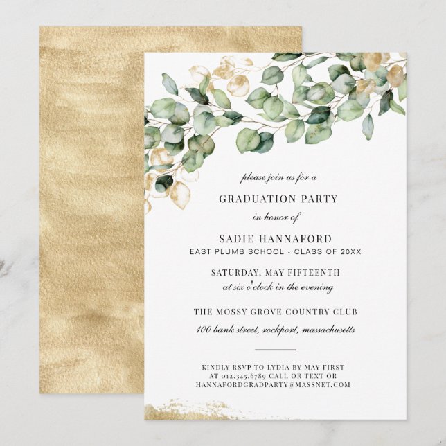 Invitation Eucalyptus Rustic Gold Botanical Graduation (Devant / Derrière)