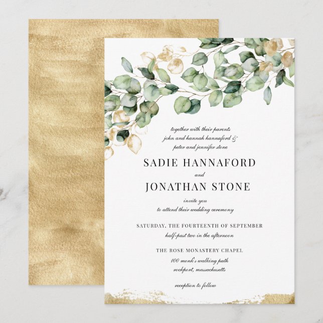 Invitation Eucalyptus Rustic Gold Elegant Mariage botanique (Devant / Derrière)