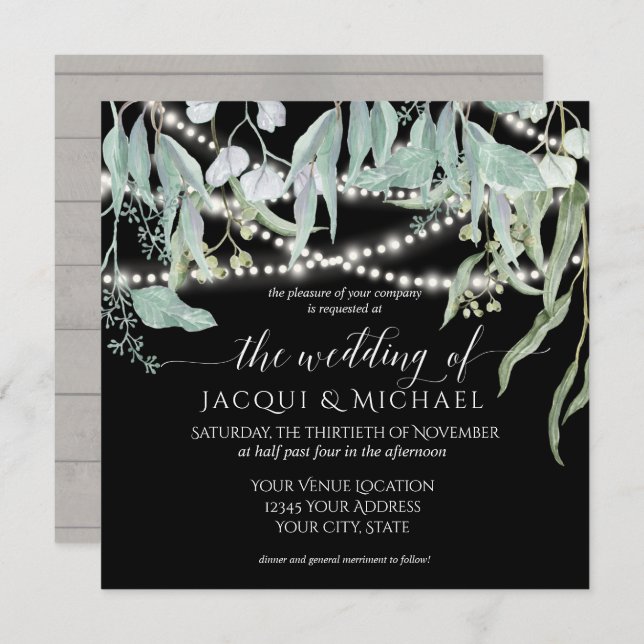 Invitation Eucalyptus Rustic Winery Twinkle Lights Mariage (Devant / Derrière)