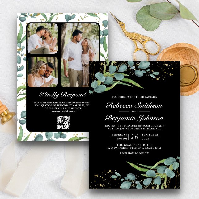 Invitation Eucalyptus Rustique Code QR Photo Mariage Noir (Créateur téléchargé)