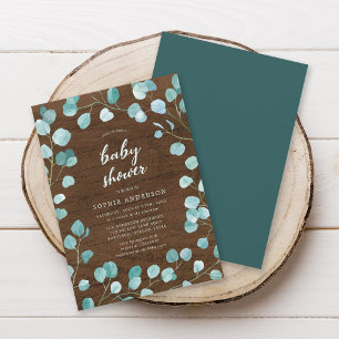 Invitation Eucalyptus rustique et Baby shower en bois Brown