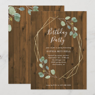 Invitation Eucalyptus rustique Gold Geometry Anniversaire
