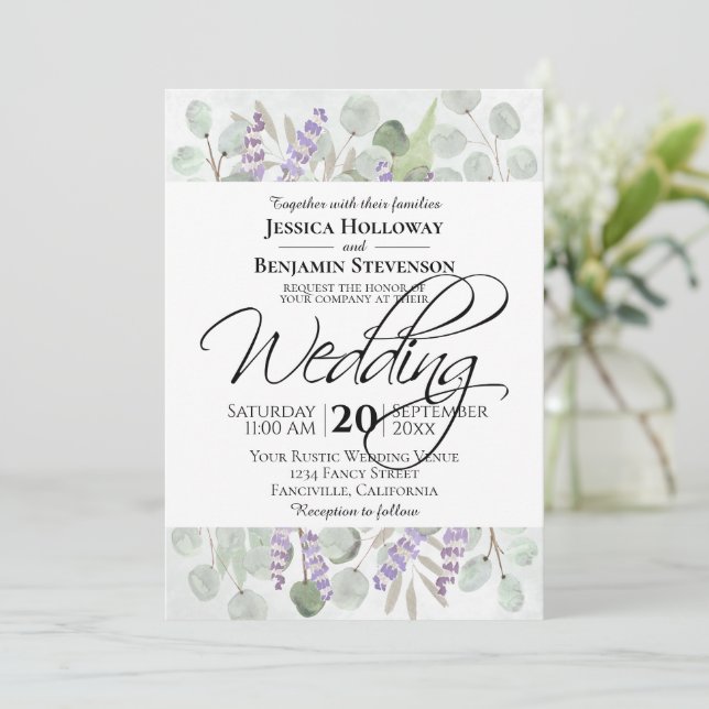 Invitation Eucalyptus rustique & Mariage d'aquarelle Lavender (Debout devant)