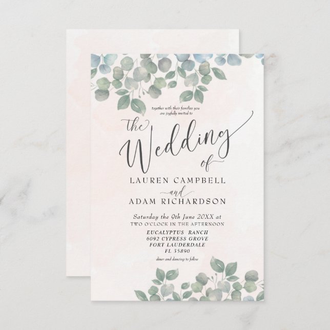 Invitation Eucalyptus rustique Mariage d'aquarelle vert et co (Devant / Derrière)