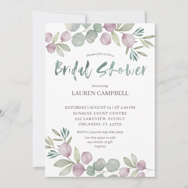 Invitation Eucalyptus Rustique Rose Aquarelle (Devant)
