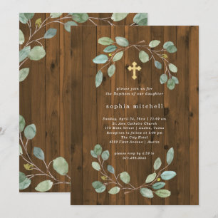 Invitation Eucalyptus rustique Verdure et Croix d'or Baptême