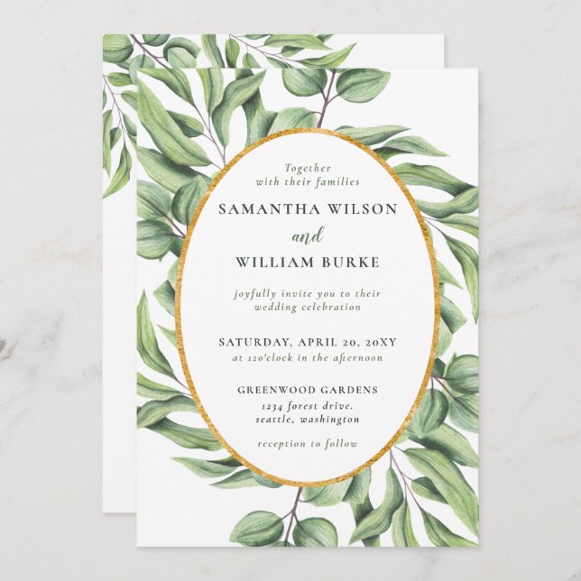 Invitation Eucalyptus rustique Verdure Mariage succulent (Devant / Derrière)