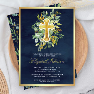 Invitation Eucalyptus Rustique Vert Marine Bleu Or Baptême