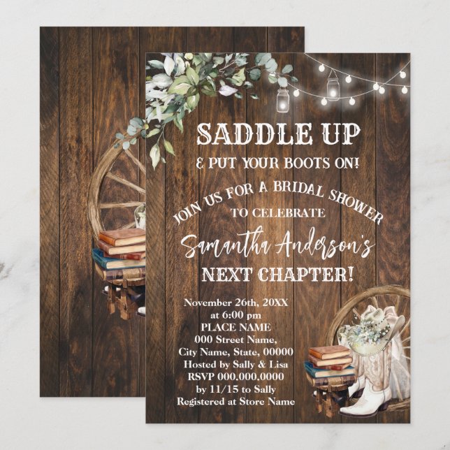 Invitation Eucalyptus Saddle Up Boots & Books Bridal Shower (Devant / Derrière)