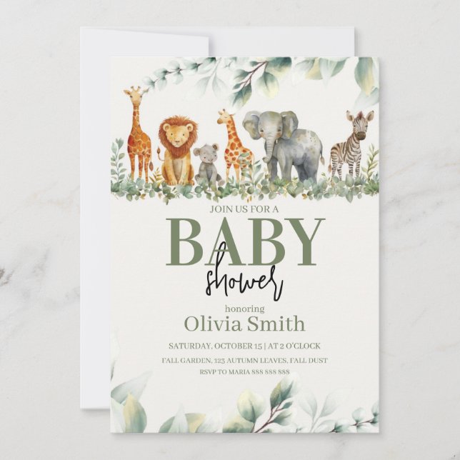 Invitation Eucalyptus Safari Animaux baby shower (Devant)
