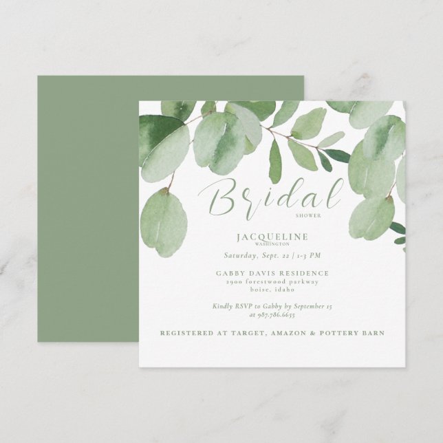 Invitation Eucalyptus Sage Carré Baby Shower Mariage  (Devant / Derrière)
