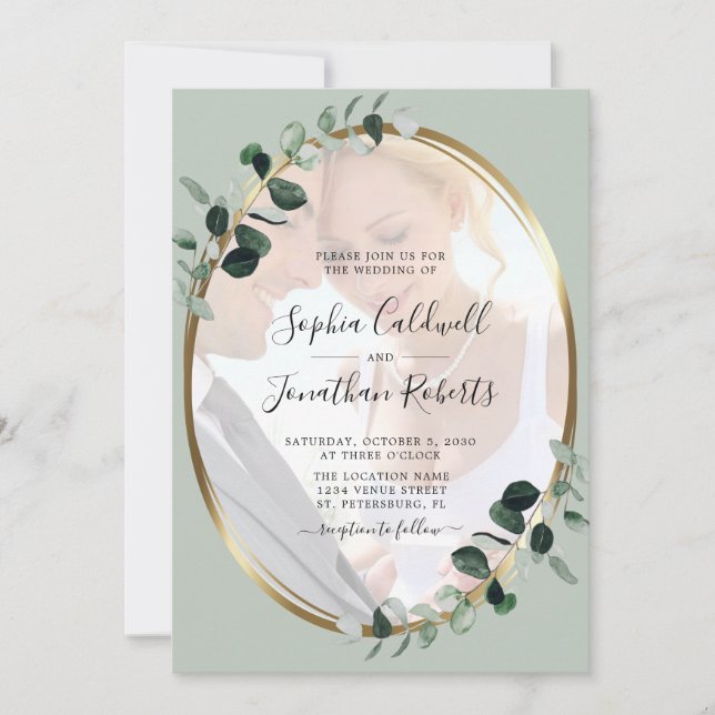 Invitation Eucalyptus Sage Photo Gold Mariage métallique (Devant)