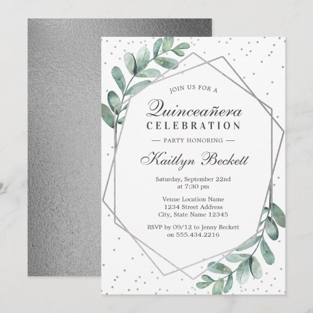 Invitation Eucalyptus Silver Geometry Quinceañera Anniversair (Devant / Derrière)
