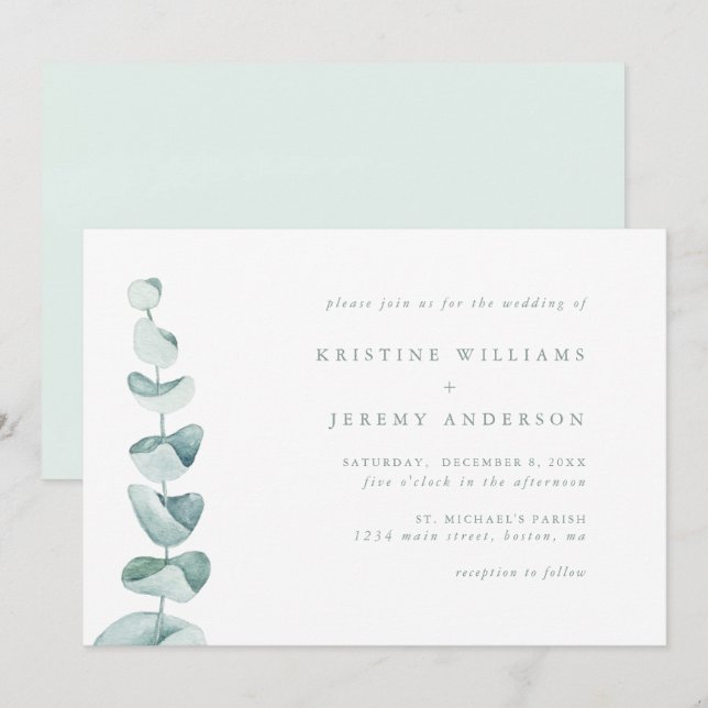 Invitation Eucalyptus simple Aquarelle Mariage vert (Devant / Derrière)