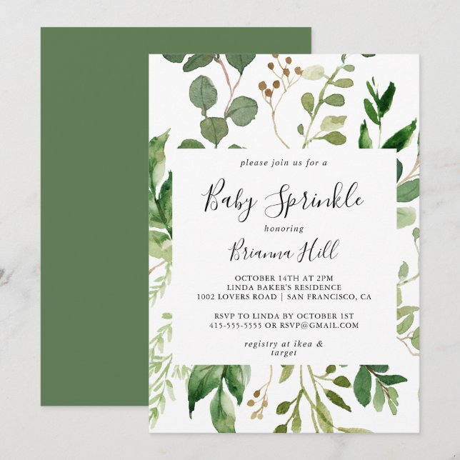 Invitation Eucalyptus Simple Brown Floral Baby Sprinkl (Devant / Derrière)