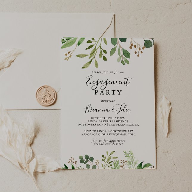 Invitation Eucalyptus Simple Brown Floral Engagement Party (Créateur téléchargé)