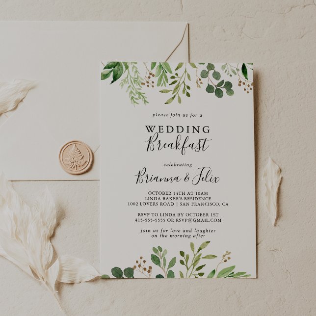 Invitation Eucalyptus Simple Brown Floral Mariage Petit déjeu (Créateur téléchargé)