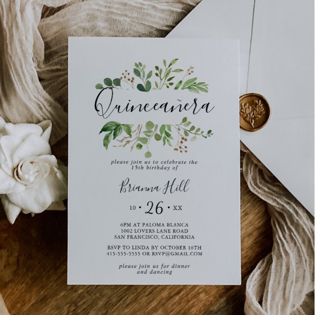 Invitation Eucalyptus Simple Brown Floral Quinceañera (Créateur téléchargé)