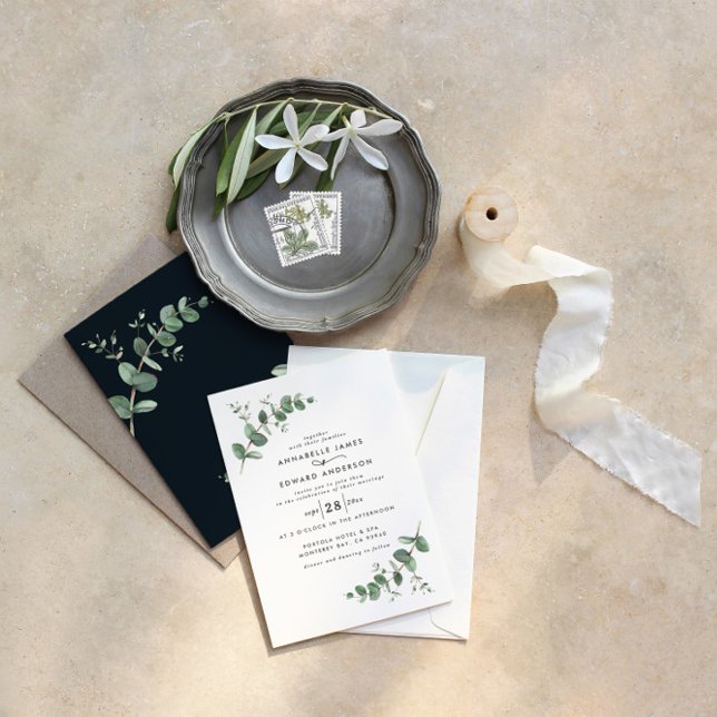 Invitation Eucalyptus simple élégant noir blanc moderne (Créateur téléchargé)