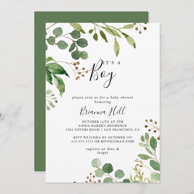 Invitation Eucalyptus Simple Floral C'est un Baby shower garç (Devant / Derrière)