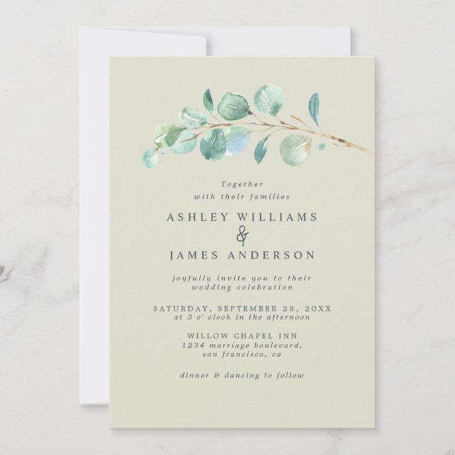 Invitation Eucalyptus simple Mariage vert Pastel Inv. (Devant)