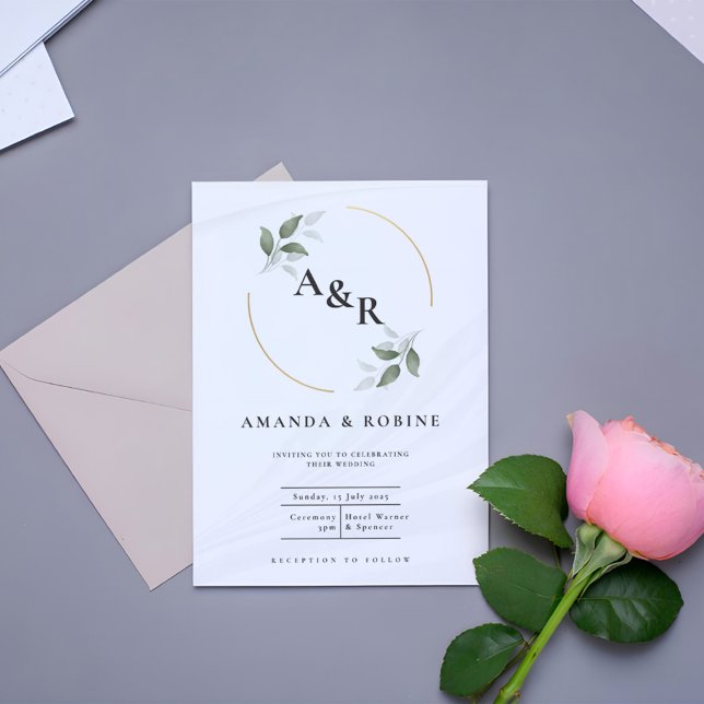 Invitation Eucalyptus Simple Minimaliste Initiale Mariage (Créateur téléchargé)