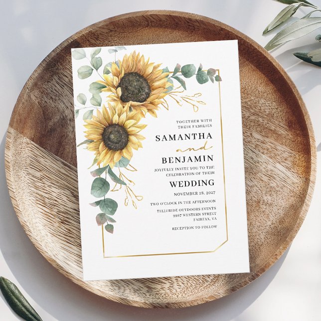 Invitation Eucalyptus tournesol Floral Vert Jaune Mariage (Floral Sunflower Eucalyptus Greenery First Names Wedding Invitation)