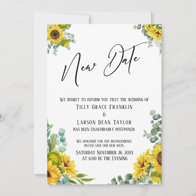Invitation Eucalyptus Tournesol Retardé Mariage Nouvelle Cart (Devant)