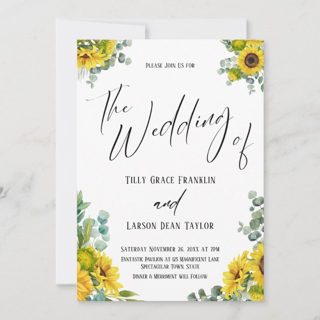 Invitation Eucalyptus Tournesols Écriture À La Main Le Mariag (Devant)