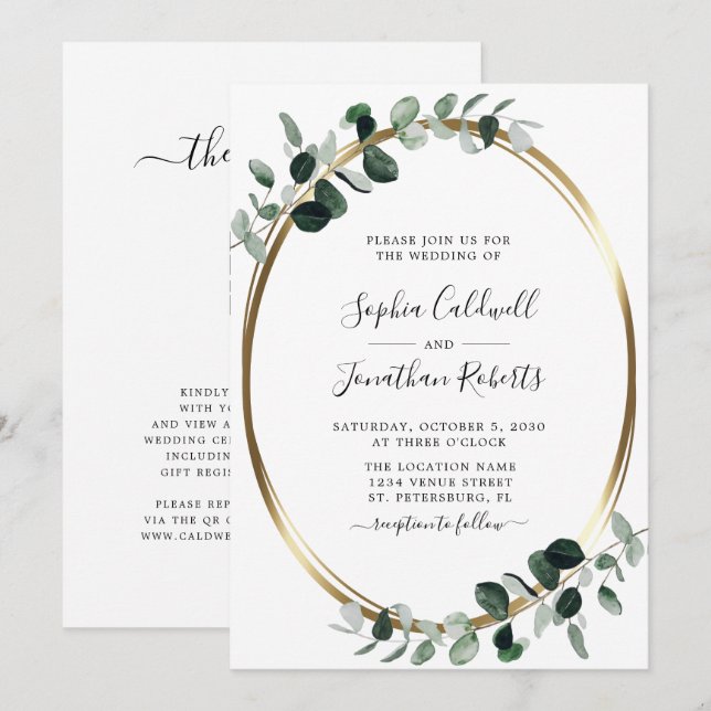 Invitation Eucalyptus tout en un code QR Mariage RSVP (Devant / Derrière)