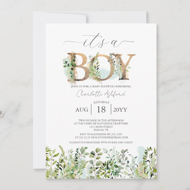Invitation Eucalyptus verdoyant C'est un Baby shower garçon (Devant)