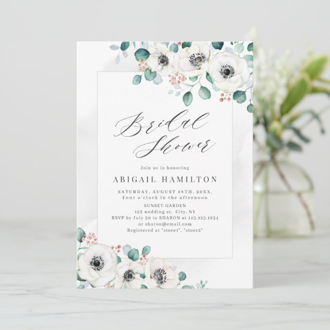 Invitation Eucalyptus verdure anémone floral douche nuptiale  (Debout devant)