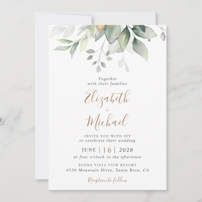 Invitation Eucalyptus Verdure Aquarelle QR Code Mariage (Devant)