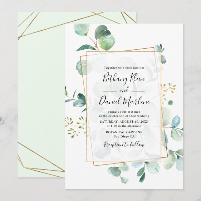 Invitation Eucalyptus Verdure avec Mariage de cadre géométriq (Devant / Derrière)