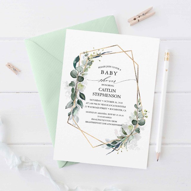 Invitation Eucalyptus Verdure Baby shower géométrique moderne (Eucalyptus Leaves Baby Shower Invitations)