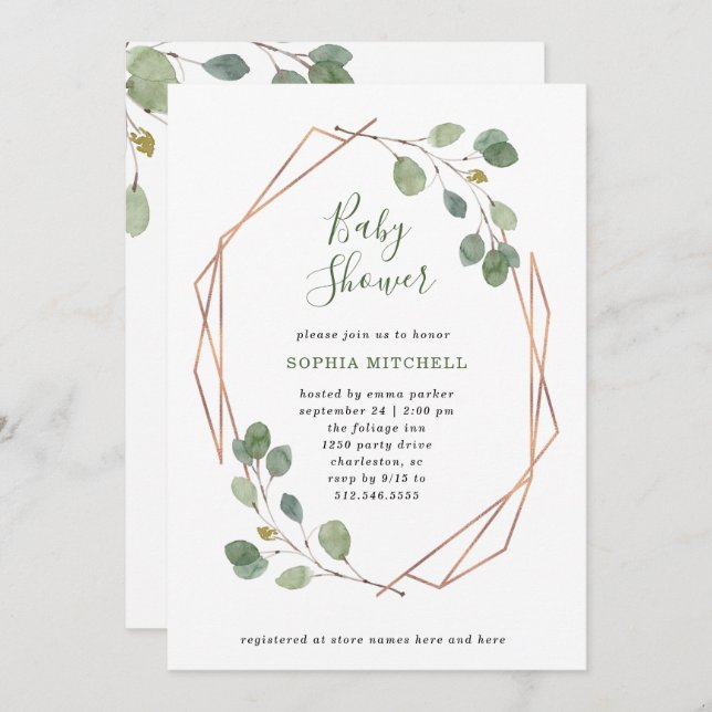 Invitation Eucalyptus verdure | Baby shower rose Gold Geo (Devant / Derrière)