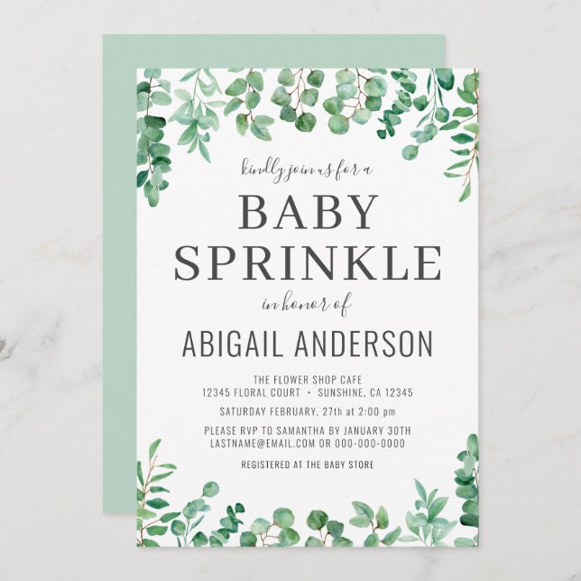 Invitation Eucalyptus Verdure Baby Sprinkle Moderne (Devant / Derrière)