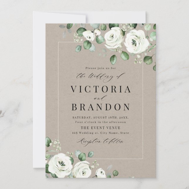 Invitation Eucalyptus verdure blanc fleuri rustique mariage (Devant)