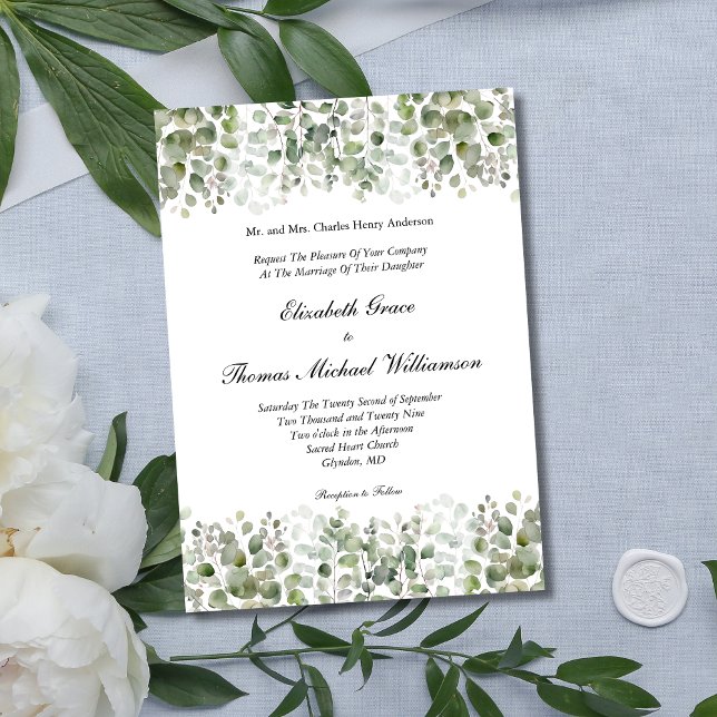Invitation Eucalyptus Verdure Classique Élégant Mariage forme (Classic Traditional Formal Eucalyptus Wedding invitation. Printed or Instant digital download.)